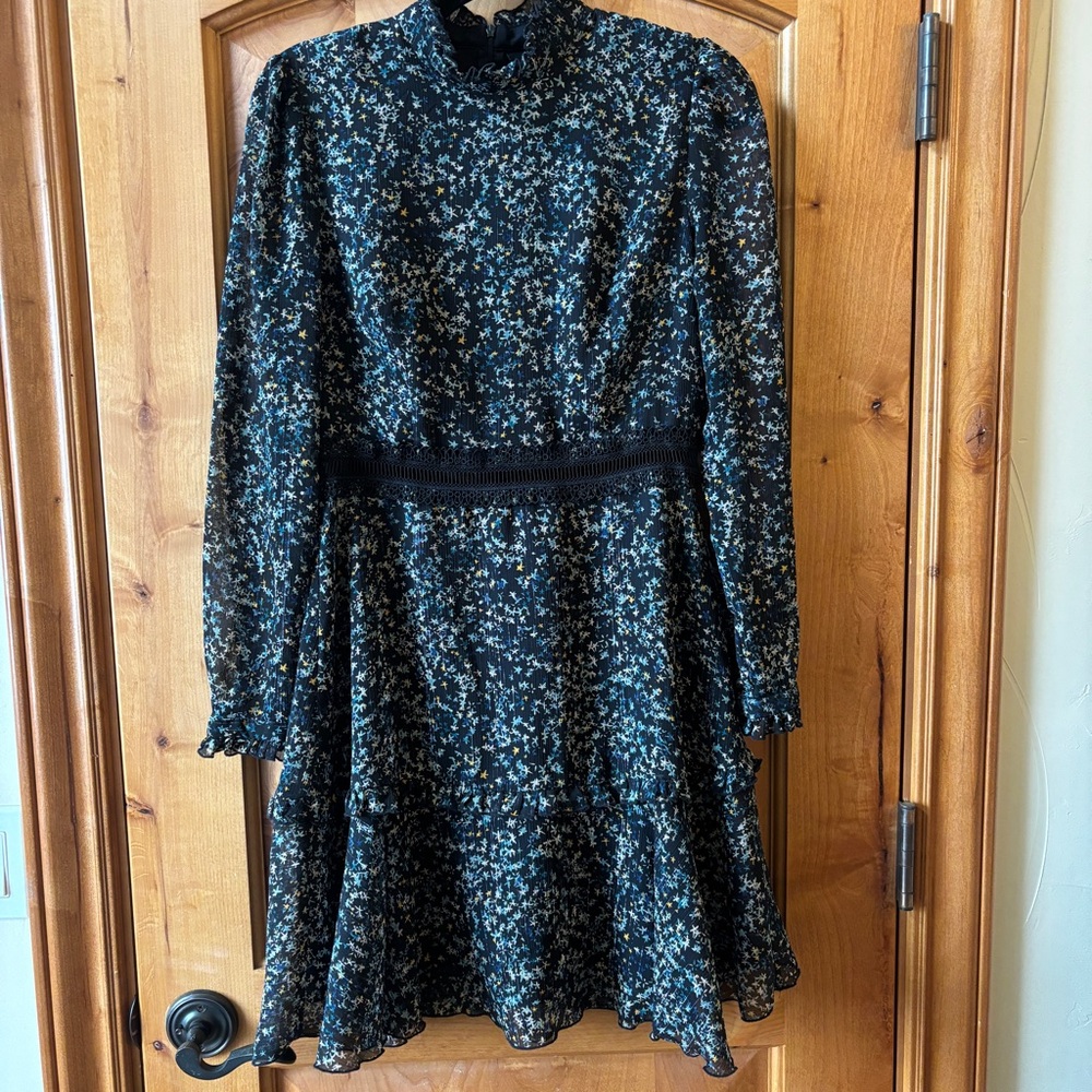 Donna Morgan Floral Black and Blue Dress Ruffle Size 8